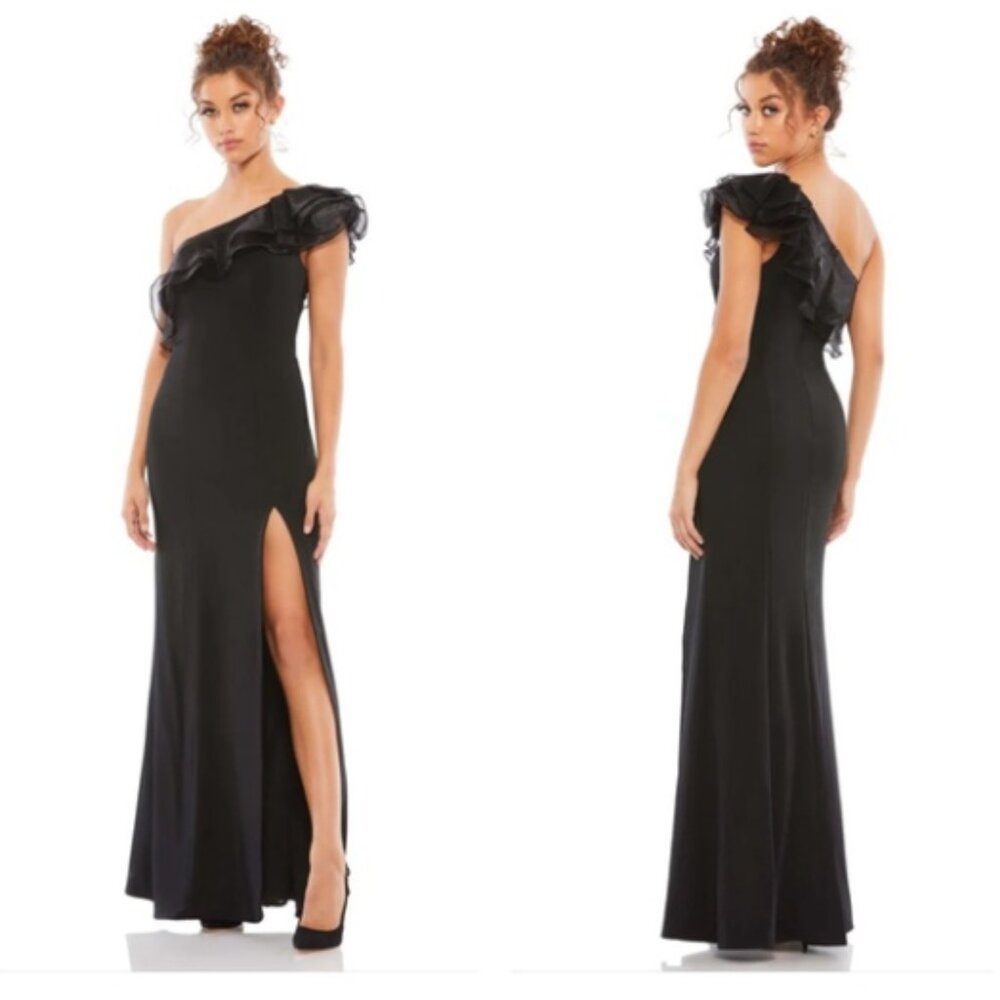 MAC DUGGAL 26372 ONE SHOULDER RUFFLE BLACK EVENING STRETCH GOWN sz 10
